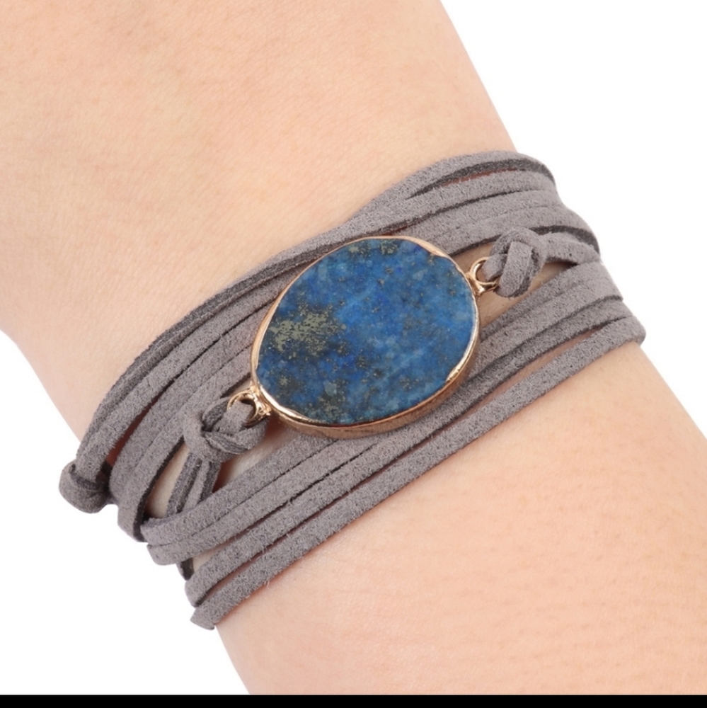 New blue stone gray faux suede wrap bracelet